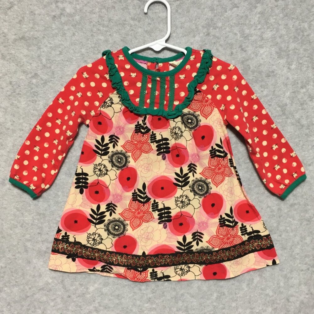 Matilda Jane Dress Girls 12-18M Make Believe Under the Tree Red Cat Floral Print